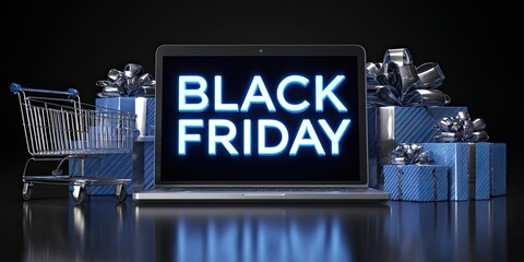 Black Friday text on a laptop screen with gift boxes and a shopping cart for online shopping, cyber monday sale.