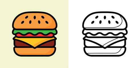 Cheeseburger Vector Icon — Color and Outline Style Fast Food Illustration