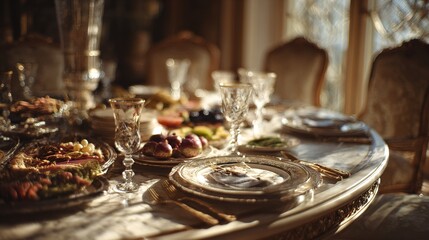 decadence. Lavish dining table with gourmet dishes and a single place setting. menu design, packaging mockups, designed for culinary blogs and recipe cards for restaurants.