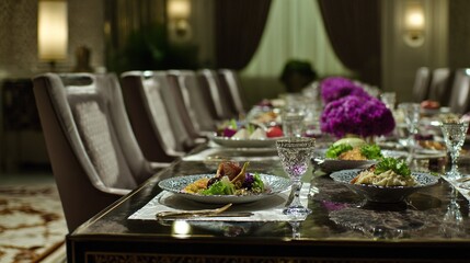 decadence. Lavish dining table with gourmet dishes and a single place setting. menu design, packaging mockups, designed for culinary blogs and recipe cards for restaurants.