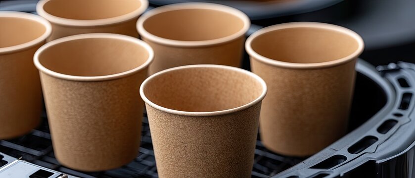 Several empty brown paper cups placed on a circular tray ready for serving beverages at an outdoor event in the afternoon