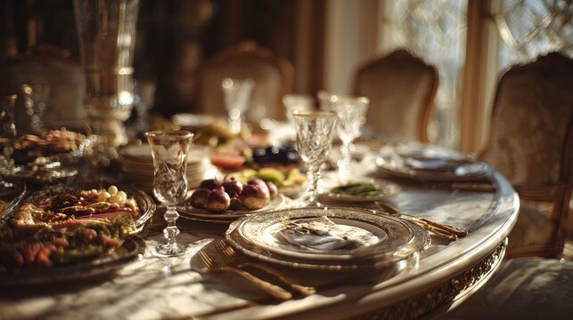 decadence. Lavish dining table with gourmet dishes and a single place setting. menu design, packaging mockups, designed for culinary blogs and recipe cards for restaurants.
