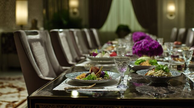 decadence. Lavish dining table with gourmet dishes and a single place setting. menu design, packaging mockups, designed for culinary blogs and recipe cards for restaurants.