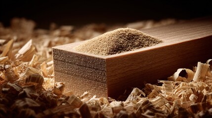 sandpaper. Sandpaper on a wooden board edge with wood shavings, contrasting raw and finished surfaces. safety posters.