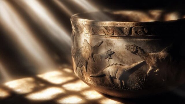 Sunlight illuminates the dinosaur vase, casting dinosaur shadows on the vase's surface. The intricate dinosaur engravings on the vase come to life in sunlight.