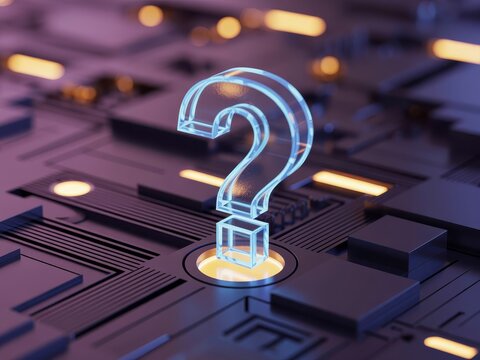 Explore digital possibilities with a glowing question mark on a futuristic circuit board offering answers, solutions, and tech innovation concepts - Powered by Adobe