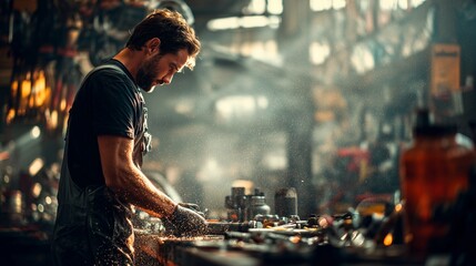 Fototapeta premium A man in a workshop wears a black shirt and works with tools on a bench. The man focuses intently as he handles mechanical parts under soft, ambient lighting.