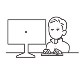デスクトップパソコンで仕事をする土木技師の男性のイラスト　線画のみ