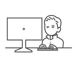 デスクトップパソコンで仕事をする土木技師の男性のイラスト　線画のみ