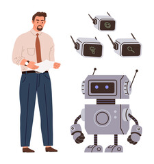 Businessman with paper beside a friendly robot and quadcopter cameras showcasing innovation, AI, and analysis. Ideal for technology, robotics, futuristic concepts, teamwork, AI, automation data