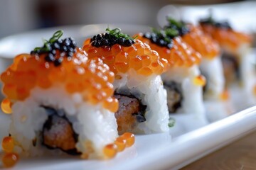 Close up of uramaki sushi rolls topped with masago and black caviar, showcasing japanese cuisine