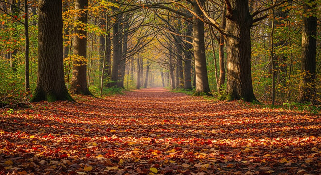 A picturesque autumn forest path covered in fallen leaves, creating a tunnel of trees with warm, golden light filtering through the branches