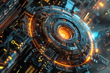Fototapeta premium Complex circular technological structure with glowing orange light, resembling a futuristic quantum computing core