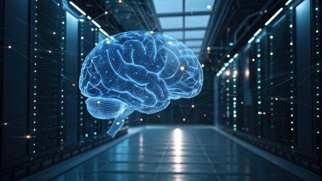 A futuristic representation of a brain surrounded by a digital environment, symbolizing advanced technology and artificial intelligence.