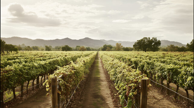 vineyard. Serene vineyard landscape with orderly grapevine rows under natural sunlight, evoking tranquility and growth. travel magazines.