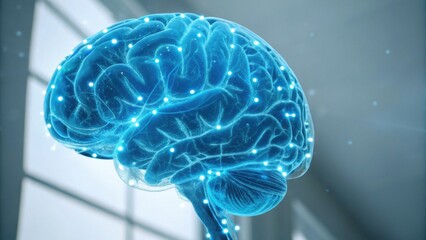 A futuristic, glowing representation of a human brain, showcasing neural connections and networks, set against a bright, modern background.