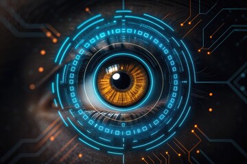 Digital Eye Technology Illustration with Futuristic Interface, Artificial Intelligence and Biometrics