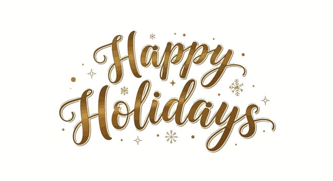 Elegant golden calligraphy spells out 'Happy Holidays' with decorative stars and snowflakes on a white background.