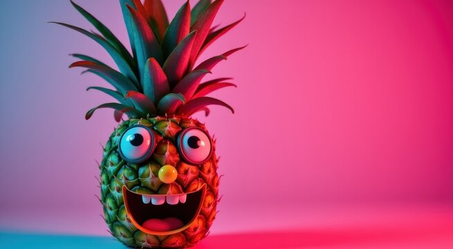 Brightly colored pineapple with eyes and mouth with a goofy expression