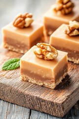 Squares of layered sweets. Light brown treats with walnuts displayed on wooden board. Gluten free low carb sweet food.