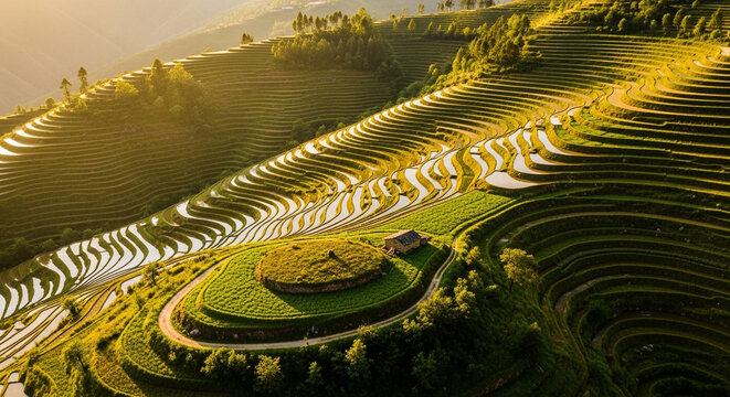 Aerial view of stunning rice terraces in a lush, green valley, showcasing the beauty of nature and agricultural landscape