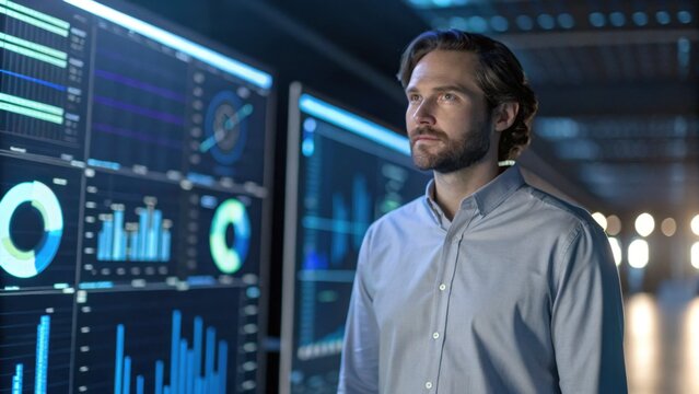 A man stands in front of digital screens displaying data and analytics, reflecting a high-tech environment focused on information processing.