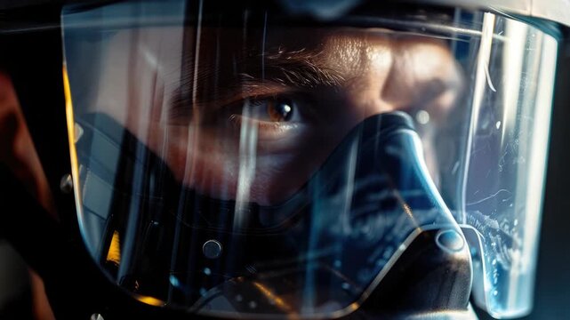 A focused pilot wearing a helmet with visor down and microphone in hand.