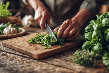 hands cutting basil leaves over wooden board, food preparation close-up, rustic kitchen