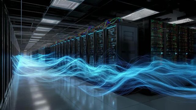 A data center with rows of server racks and glowing blue data streams flowing between them.
