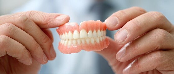 Dental professional demonstrates a set of dentures while explaining their importance to oral health in a clinical setting