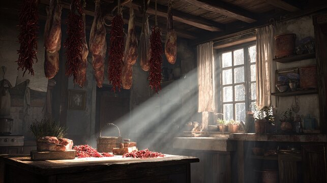 cured. Rustic kitchen with hanging cured meats and red peppers. menu design, packaging mockups, designed for food delivery and cloud-kitchen brand materials, used by curriculum designers.