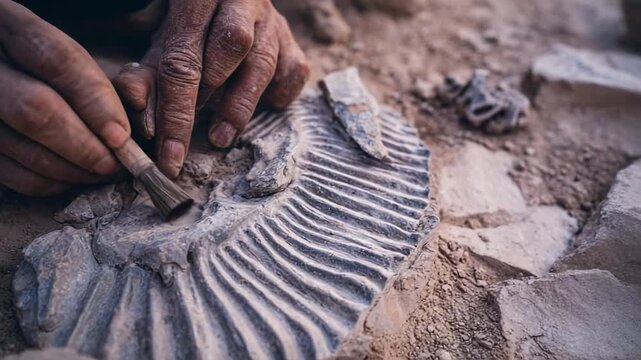 A person carefully brushes dust off a fossilized shell embedded in rock.