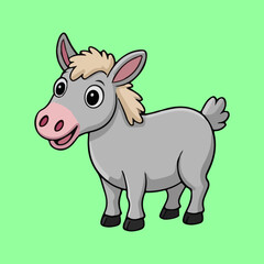 Adorable Cartoon Donkey Illustration &ndash; Cute Gray Farm Animal Character on Green Background for Kids and Design Projects
