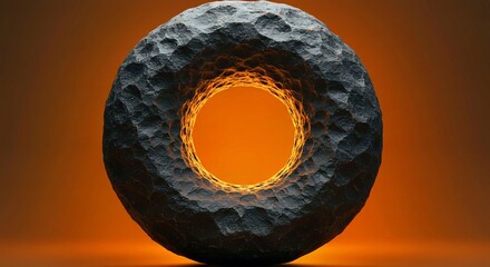 3d render of a glowing circle symbol glittering golden, Abstract stone sculpture with circular opening. Dark grey rock object features rough, textured surface. Minimalist, geometric form with smooth i