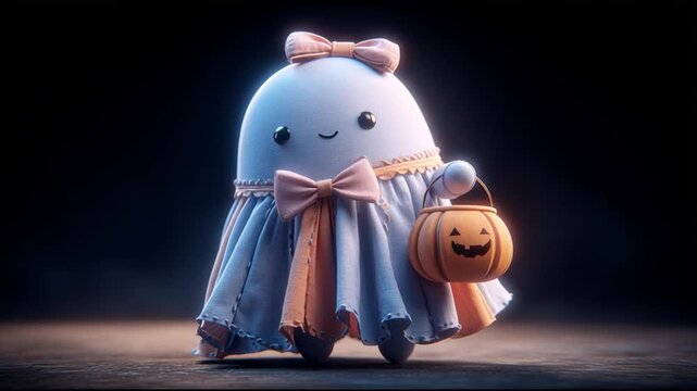 Whimsical Patchwork Ghost with Bow and Halloween Pumpkin Bucket