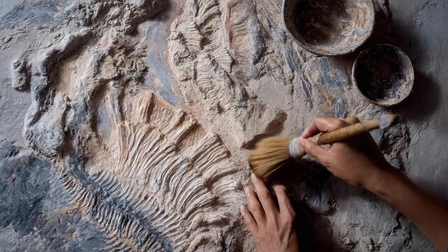 A person dusts plaster over a textured fossil-like surface with a brush, while two cups sit nearby.