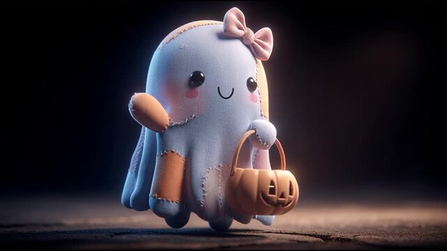 Whimsical Patchwork Ghost with Bow and Halloween Pumpkin Bucket