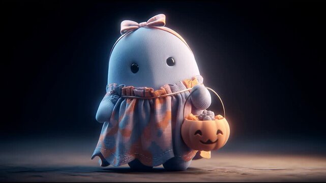 Whimsical Patchwork Ghost with Bow and Halloween Pumpkin Bucket