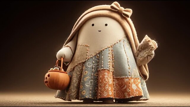 Whimsical Patchwork Ghost with Bow and Halloween Pumpkin Bucket