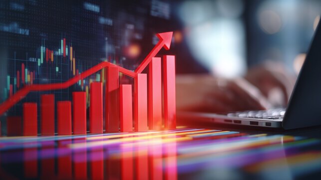 The graph shows red bars and rising arrows as hands type on the laptop. These red bars on the graph alongside the laptop suggest an upward trend in data.