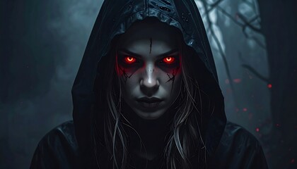 Hooded figure with glowing red eyes in a dark, misty forest setting
