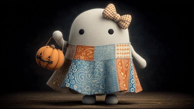 Whimsical Patchwork Ghost with Bow and Halloween Pumpkin Bucket
