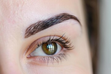 Obraz premium Close up of hazel eye and perfect eyebrow after microblading treatment, highlighting beauty and cosmetology