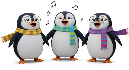 Fototapeta premium Three Christmas Penguins Singing Carol, 3D Animation on Clean White Background