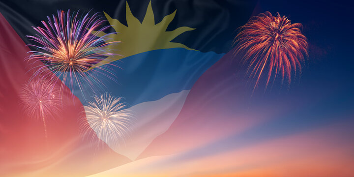 Waving National flags of Antigua and Barbuda In sky with fireworks and text