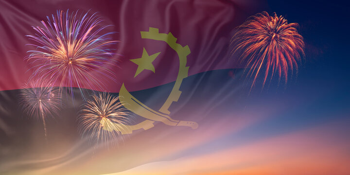 Waving National flags of Angola In sky with fireworks and text - Powered by Adobe