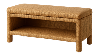 A woven storage bench for a sunroom, featuring an open area for books and magazines.