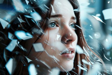Close up of a woman with blue eyes and white makeup, surrounded by digital shattered glass fragments, creating a glitch effect