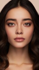 Obraz premium Stunning portrait of a woman with wavy hair and natural makeup that highlights her striking features in a soft light setting