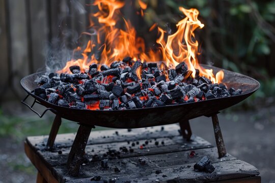 Charcoal briquettes burning in a grill, creating glowing embers and flames, ready for a backyard barbecue - Powered by Adobe